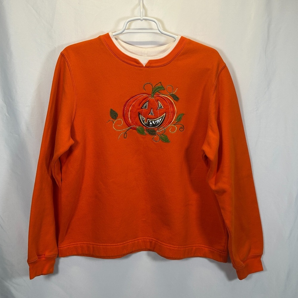 Vtg Halloween Sweatshirt Crewneck Womens M Orange White Stag Pumpkin Embroidered